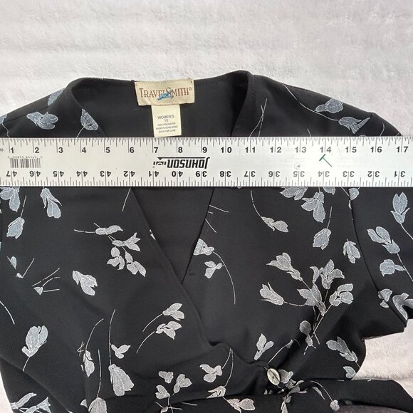 Vintage Travel Smith Black Floral Print V-Neck Short Sleeves Midi Dress Size 10 - Picture 5 of 8